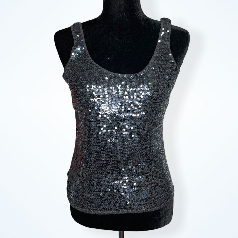 St. John black silk sequined scoop neck tank